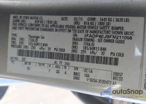 2015 Ford Fiesta Se from USA, damaged, VIN 3FADP4EJ9FM211098